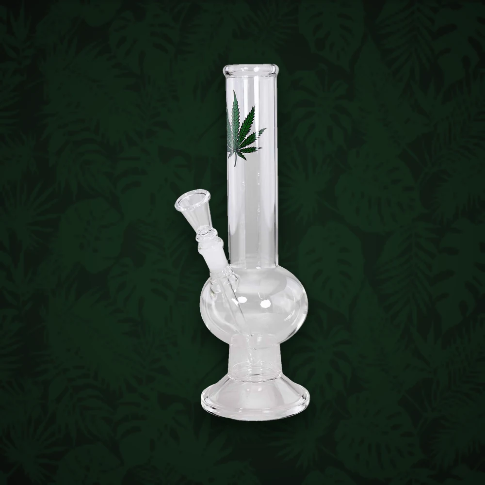 Bong Zubehör Glasbong Mini mit Alukupplung - H:12cm - mit Hanfblatt Aufdruck